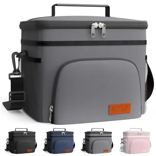 HOTOR Kühltasche – Auslaufsichere Lunchtasche mit 4 Taschen und verstellbarem Schultergurt, 10L, Hellgrau