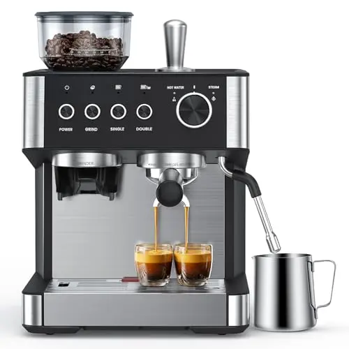 COWSAR Siebträgermaschine mit Mahlwerk und manuellem Milchaufschäumer, 15 Bar Druck, ideal für Cafés, Restaurants und Wohnungen