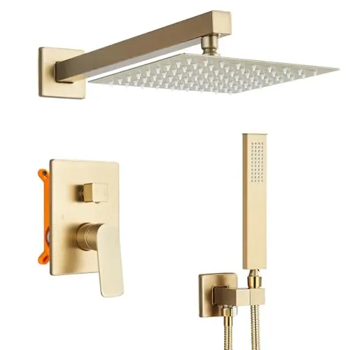 Einbau-Duschsystem mit Ventil, 20 cm quadratischer Regenduschkopf, Handbrause, gebürstet goldfarben, Wandmontage