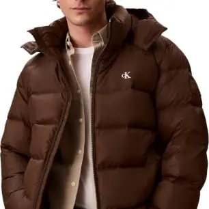 Calvin Klein Herren Daunenjacke mit abnehmbarer Kapuze, Braun, Größe L