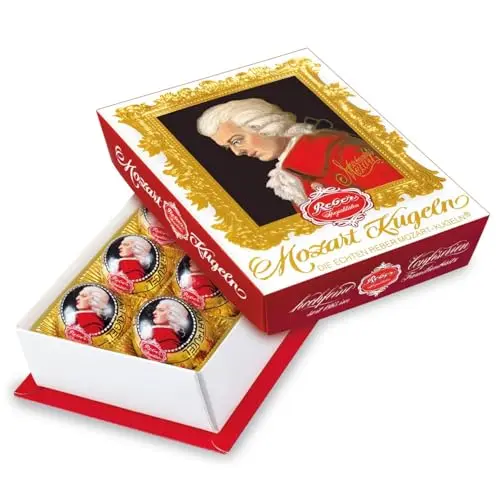 Reber Mozart-Kugeln Barock, 6er Pack aus Zartbitter-Schokolade mit Pistazien-Marzipan, Mandeln und Haselnuss-Nougat, 120g