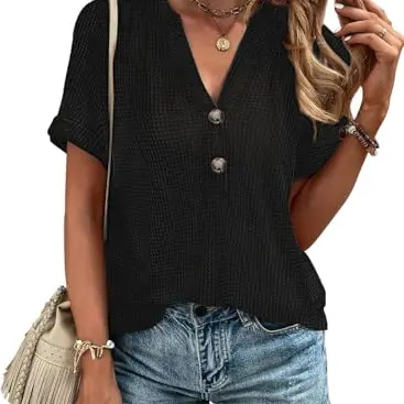 Tanmolo Damen Sommer T-Shirt, Kurzarm, V-Ausschnitt, Locker Top, Schwarz, XXL