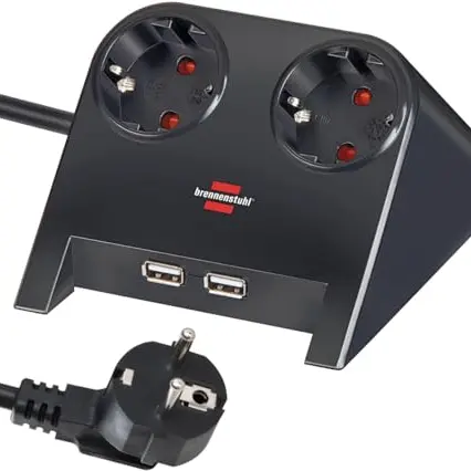 Brennenstuhl Desktop-Power Steckdosenleiste 2-Fach mit 1,8m Kabel und 2 USB-Anschlüssen, schwarz