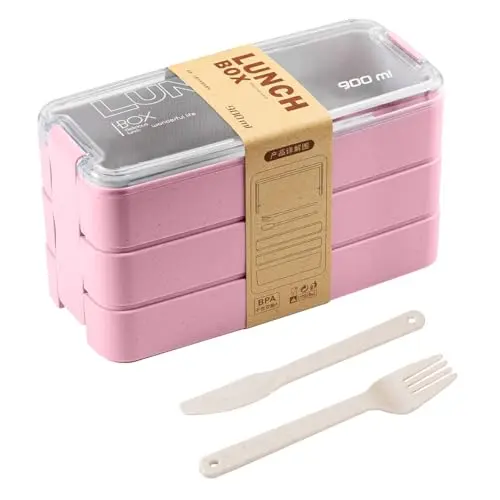LiangYuanZen Bento Box, 3-lagig, mit 2 Bestecken, robust und stilvoll, geeignet für Schule, Arbeit, Picknick und Reisen (Pink)