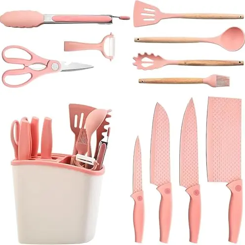 12-in-1 Küchenutensilien Set mit Silikonlöffeln und Holzgriff - Rosa