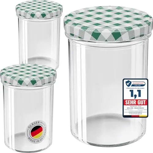 WELLGRO 200 ml Einmachgläser mit Schraubdeckel, grüne Kappe, 8,5 x 12 cm, Made in Germany