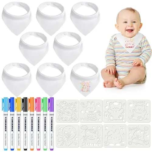 Aolso Baby Lätzchen zum Bemalen - 8 Stück, Wasserdicht, 40x29cm, inklusive Textilstifte & Vorlage, Geschenk zur Babyparty