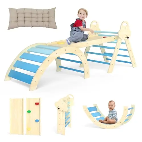 Montessori Kletterdreieck 7-in-1 mit Kissen – Holzspielzeug für Kleinkinder 1-3 Jahre – Indoor Kletterbogen mit Rutsche und Leiter