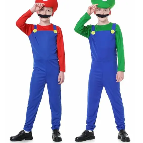 YUUGYD Super Brothers Cosplay Kostüm für Erwachsene und Kinder mit Hut und Schnurrbart, Halloween Kostüm in Grün