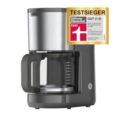Braun PurShine KF1500GY Kaffeemaschine mit Glaskanne, Anti-Tropf & 10 Tassen, Grau