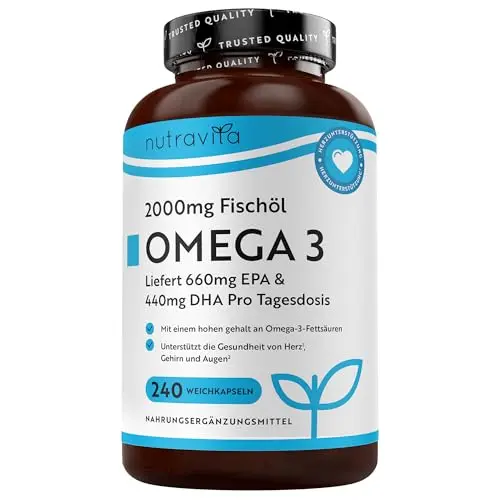 Nutravita Omega 3 Kapseln hochdosiert – 2000mg Fischöl für Herz, Gehirn und Augen – 240 Weichkapseln für 4 Monate