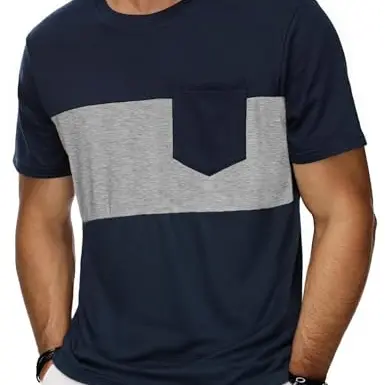 Wayleb Herren T-Shirt mit Brusttasche, kurzarm, Rundhals, im Colorblock-Design, passgenau, für Freizeit & Büro, S-3XL, Grau