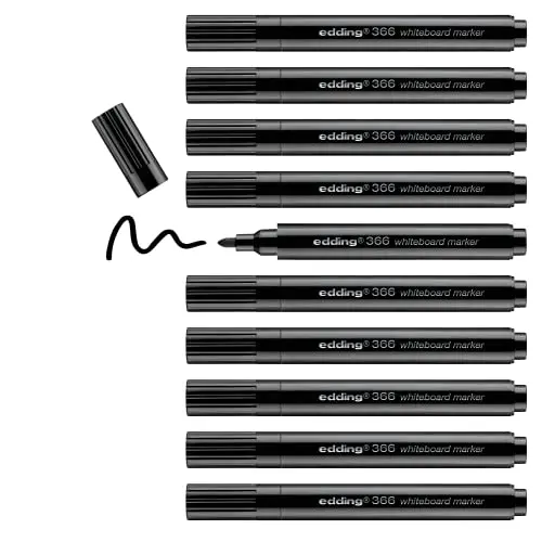 edding 366 Whiteboard Marker, Schwarz, 10er Set, Rundspitze, trocken abwischbar, für Whiteboards und Glastafeln