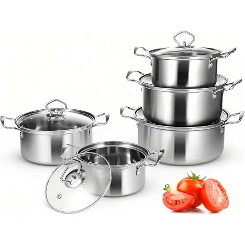 10-teiliges Induktions-Topfset aus Edelstahl mit Glasdeckel und Stielkasserolle