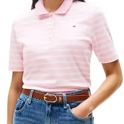 Tommy Hilfiger Damen Poloshirt Kurzarm 1985, Mehrfarbig (Pink/Ecru), S