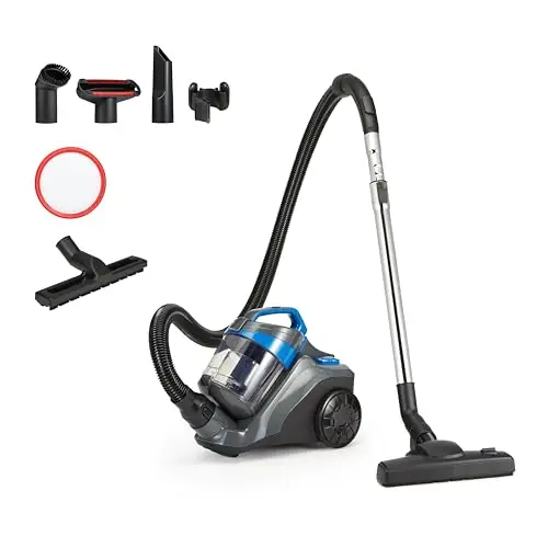 Amazon Basics Kompakter Bodenstaubsauger ohne Beutel 1.7L, HEPA-Filter, 850W, für Teppich und Hartböden, Schwarz & Blau