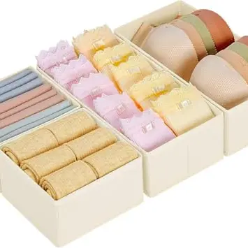 Homsorout Kleiderschrank Organizer - 4er Set Faltbare Stoffboxen für Kleidung, Socken, BHs, Beige