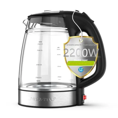 Wasserkocher 1,7L Doppelwandig aus Glas, BPA-frei, Edelstahl, kabellos, leise, mit Warmhaltefunktion und Kalkfilter - Schwarz