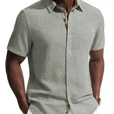 PJ PAUL JONES Herren Leinenhemd Kurzarm Sommer Casual Button Down Grau-Grün S