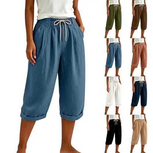 Damen Caprihose Sommerhose mit Taschen, Gummibund, High Waist, Locker, Leichte Freizeit-Shorts für Urlaub & Alltag
