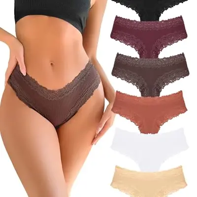 FINETOO Damen Baumwolle Spitze Brazilian Slip 6er Mehrpack, Atmungsaktive Damen Unterwäsche