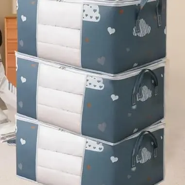 Große faltbare Aufbewahrungstasche, 3er Set, mit Griff, Reißverschluss, transparent, für Bettwäsche, Kleidung, marineblau