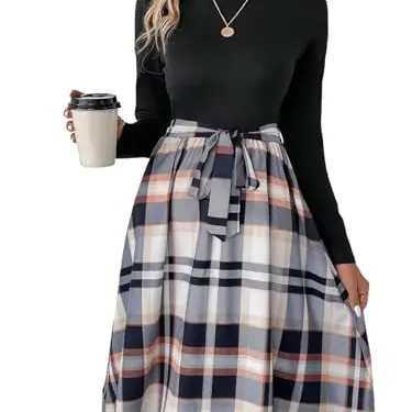 SweatyRocks Damen Midikleid aus Patchwork mit Gürtel, Langarm, Rundhals, Freizeitkleid, Schwarz