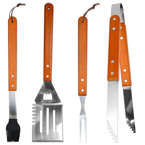 CAREDGO 4-teiliges Grillbesteck Set aus Holz und Edelstahl - Grillzange, Grillgabel, Grillbürste, Grillwender - BBQ Zubehör für Camping und Grillen