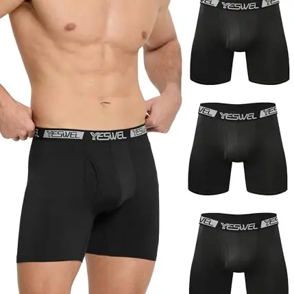YESWEL Herren Boxershorts Lang, 3er Pack Atmungsaktive Retroshorts, Sport Unterwäsche ohne Zettel (Schwarz L)