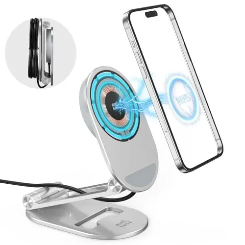 Minthouz Magnetisches kabelloses Ladegerät mit 20W USB-C Schnellladegerät und verstellbarem Aluminium Telefonhalter für iPhone sowie AirPods
