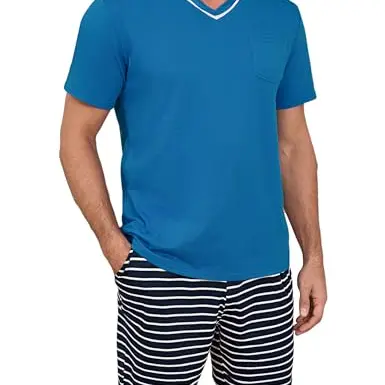 Demegimi Herren Schlafanzug Kurz Baumwolle Sommer, Kurzarm-Shirt mit Tasche & Streifendesign
