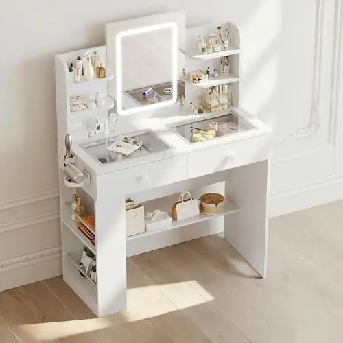 Claiks Schminktisch mit LED-Spiegel und Glasplatte, 2 Schubladen, für Schlafzimmer, Weiß