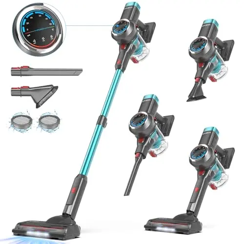Anyson Akku Staubsauger kabellos mit 60 Min Laufzeit, OLED-Display und Anti-Tangle-Bürste für Teppiche und Hartböden