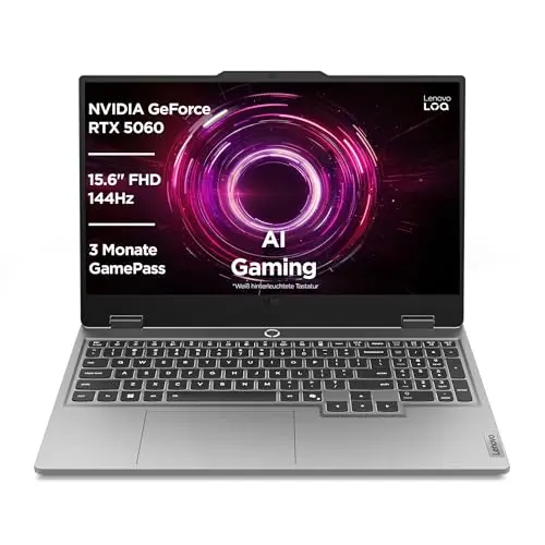 Lenovo LOQ Gaming AI Laptop 15.6" Full HD, RTX 5060, AMD Ryzen 7, 16GB RAM, 1TB SSD, Windows 11, beleuchtete Tastatur, Grau