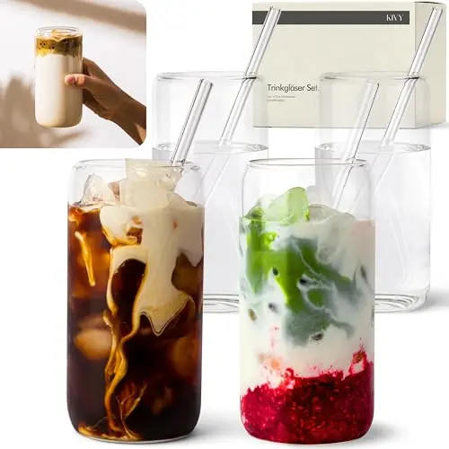 KIVY Trinkgläser Set mit Strohhalm - 4x 450ml Eiskaffee, Wasser & Smoothie Gläser
