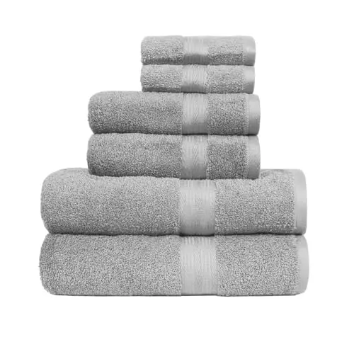 Amazon Basics Handtücher-Set, 100% Baumwolle, Farbecht, Saugfähig, 6-teilig (2 Badetücher, 2 Handtücher, 2 Waschlappen), Grau