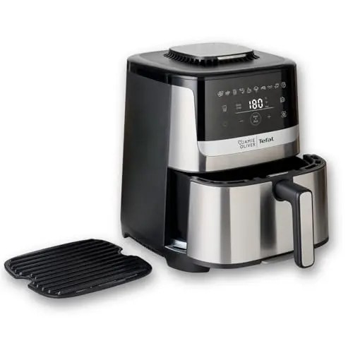 Jamie Oliver Tefal Heißluftfritteuse Easy Fry Silence Deluxe, 5L, leise, digitaler Touchscreen, inkl. Gitterrost, Schwarz/Edelstahl
