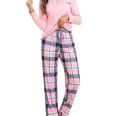 Aseniza Damen Schlafanzug Set, Baumwolle, Langarm Pyjama, Karierte Nachtwäsche, Sommer/Winter bequem