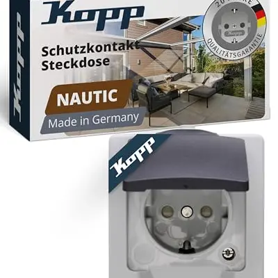 Kopp NAUTIC Aufputz-Steckdose Grau mit Klappdeckel - IP44 Feuchtraum, 16A