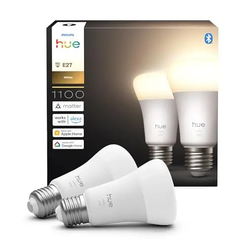 Philips Hue Smart LED A60 Lampe, 9,5W, 1100 Lumen, dimmbar, E27, warmweiß 2700K, 2er Pack, kompatibel mit Alexa, Google & Apple