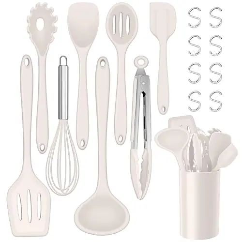 TEAMFAR 17-teiliges Silikon Küchenutensilien Set, Khaki, hitzebeständig, spülmaschinenfest