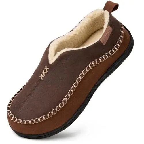 EverFoams Herren Mokassin Hausschuhe mit Sherpa-Futter und rutschfester Sohle - Kaffee, 43