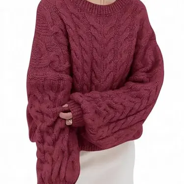 Damen Oversized Rundhals Strickpullover mit Zopfmuster, Langarm, Grobstrick, Casual Winter Oberteil, Weinrot