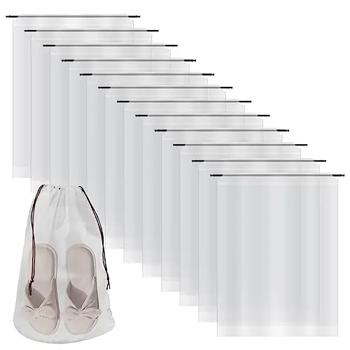 12 Stück Klarsicht Schuhtaschen mit Kordelzug – Tragbare Reisetaschen für große Schuhe (Weiß, 30x40cm)