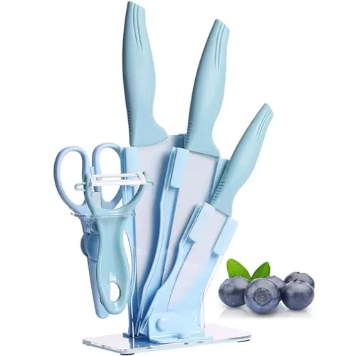 6-teiliges Küchenmesserset mit buntem Messerblock aus rostfreiem Edelstahl, ideal für Fleisch und Gemüse - Geschenk für Mädchen (Blau)