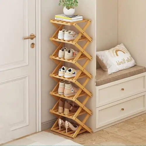 Faltbares Bambus Schuhregal, Schuhablage für Eingangsbereich, Flur und Schlafzimmer, 7 Schichten