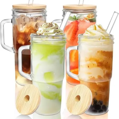 4er Set Glasbecher mit Deckel und Strohhalm – 680 ml, ideal für Eiskaffee, Smoothies und Cocktails