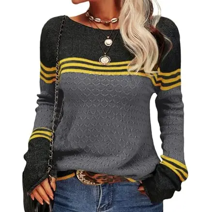 Hormtaer Damen Pullover Rundhals Colorblock Herbst Pulli Slim Fit Gestreift (Dunkelgrau, M)