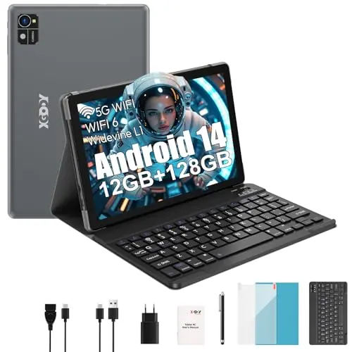 XGODY 10 Zoll Android 14 Tablet mit Tastatur, 12 GB RAM, 128 GB ROM, FHD, 7000 mAh, Bluetooth 5.0 – Blau
