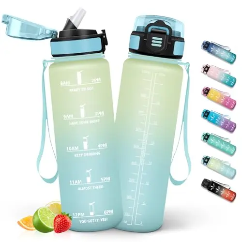 HoneyHolly Trinkflasche 1L mit Strohhalm, BPA-frei, auslaufsicher, mit Zeitmarkierungen, geeignet für Kohlensäure, Frost & Himmel